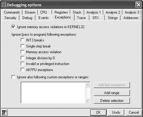 Exception handling options in OllyDbg