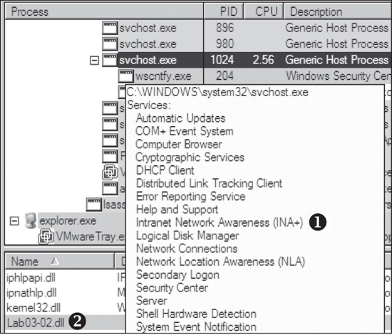 Examining service malware in Process Explorer