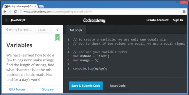 Codecademy teaches you how to program step by step in a variety of languages.