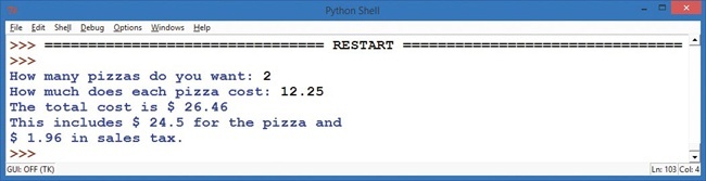 A sample run of our AtlantaPizza.py pizza calculator program