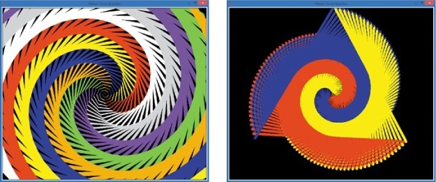 The picture from ColorSpiralInput.py with eight sides (left) and three sides (right)