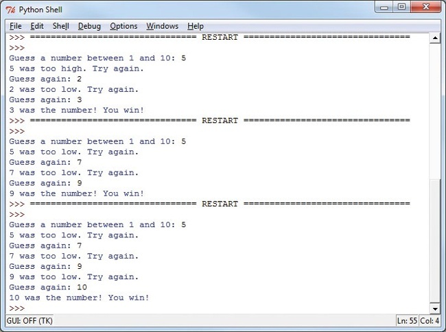 Our GuessingGame.py program, asking the user to guess higher or lower for three random numbers