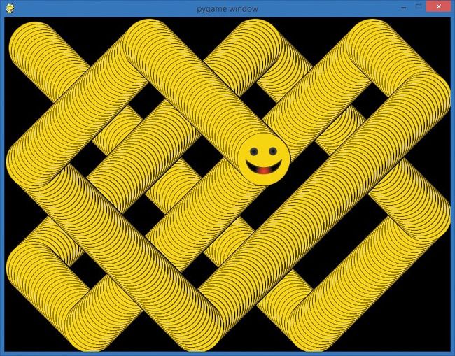 If we comment out the line that clears our screen after each frame, our smiley face leaves a bouncing trail behind in a cool pattern.