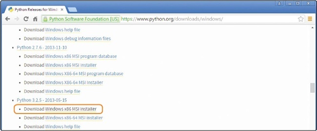 Under Python Releases For Windows, find the Python 3.2.5 installer.